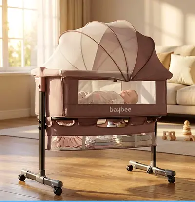Baby bassinet bedside crib with canopy and storage - gently used