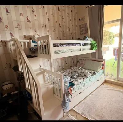 White wooden bunk bed with stairs, trundle drawer — good condition (500 with storage) 350 without