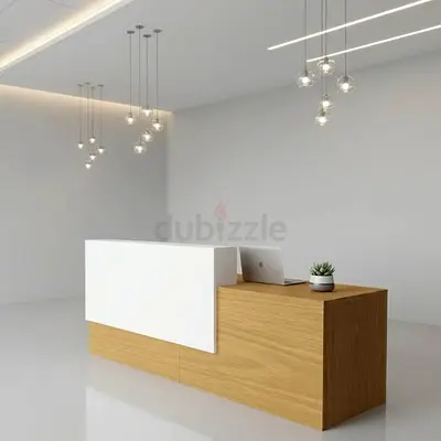 Modern wooden reception desk with white front panel