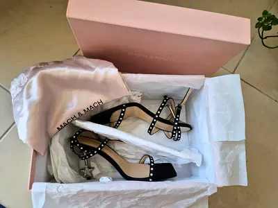 Mach & Mach Studded Black Satin Ankle-Strap Heels (With Box & Dust Bag)