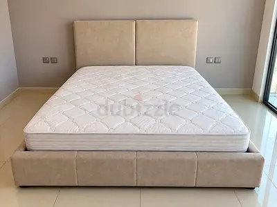 King size upholstered bed frame with mattress - beige, good condition