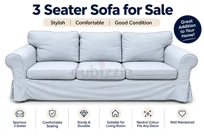 3 Seater Sofa - Light Blue Slipcover, Good Condition
