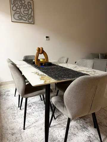 Modern dining table with 6 upholstered chairs - light grey set excellent condition