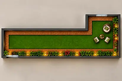 Long narrow balcony with artificial grass and seating —
