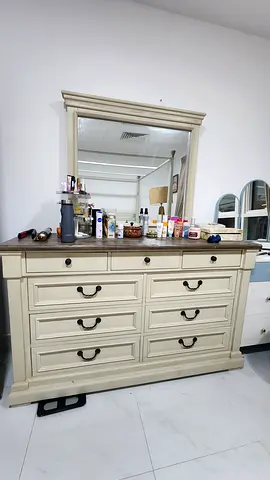 Solid Wood Dresser with Mirror - Cream Finish, 9 Drawers
