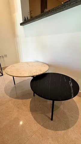 Set of 2 Round Marble Coffee Tables — Black & White, Good Condition