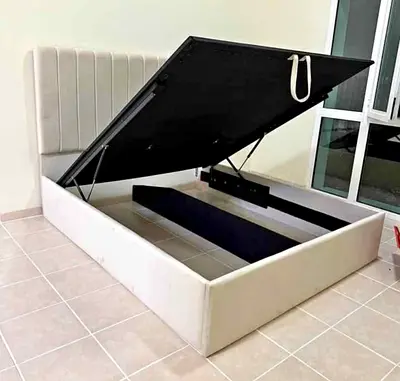 Beige Upholstered Ottoman Storage Bed with Headboard - Queen size