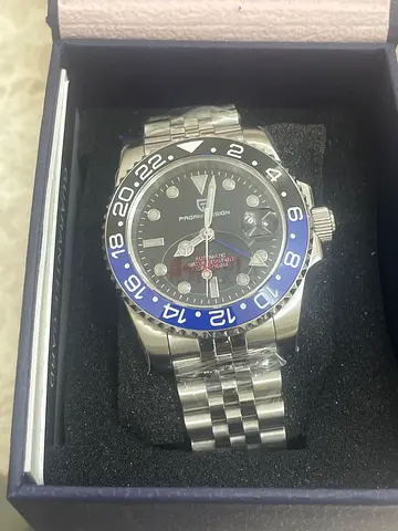Pagani design Automatic men's stainless steel GMT-style wristwatch with blue-black bezel