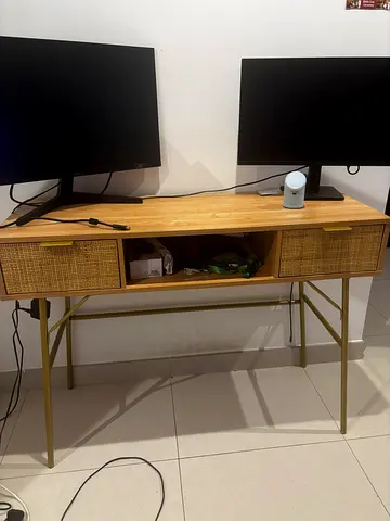 Wood and Rattan Desk with Brass Frame - Good Condition