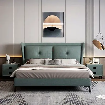 Modern upholstered double bed with headboard and matching bedside tables