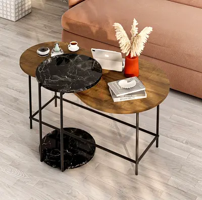 Modern Oval Coffee Table with Rotating Marble Accent Shelves