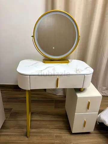 Modern Marble-Top Dressing Table with Round LED Mirror and Storage Unit