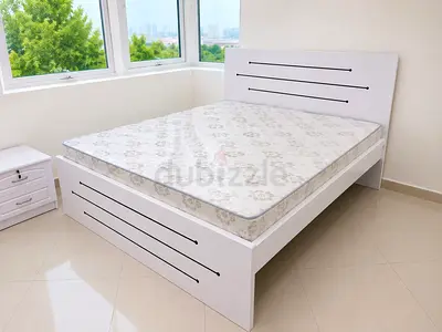 White Wooden Double Bed Frame with Mattress - Good quality