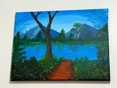 Original Landscape Acrylic Painting on Canvas - Lake and Mountains