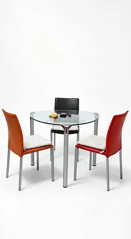 Sophisticated Tempered Round Glass Dining Table + 3 Leather Chairs - Modern Designer Set