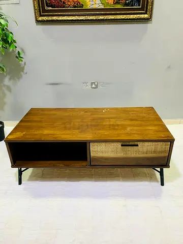 Wooden Coffee Table with Drawer and Open Shelf - Midcentury Style
