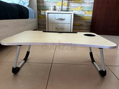 Portable folding laptop bed table with cup holder and tablet slot