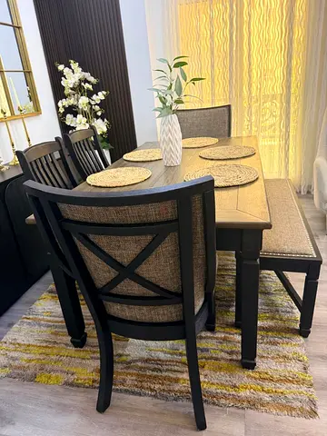 Solid Wood 6-Seater Dining Table Set with Bench and Upholstered Chairs
