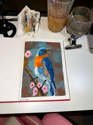 Original Small Gouache Painting of a Blue-and-Orange Bird on Branch. Size 21 × 14,7 cm.