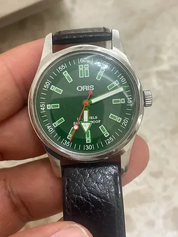 Oris automatic men's watch with green dial, leather strap