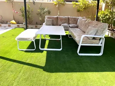 Outdoor L-shaped  aluminum Sofa Set with Table and bench - White Frame,