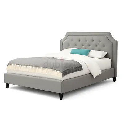 Light gray leather fabric button tufted cruved double bed