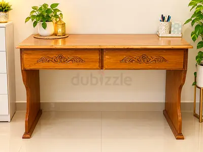Solid Wood Writing Desk with Carved Drawers - Good Condition