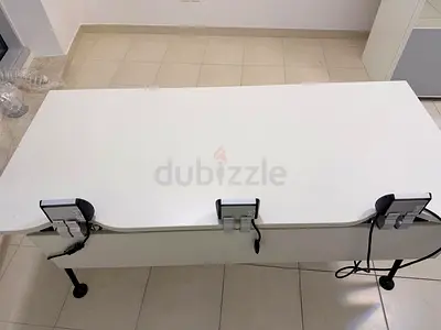 White Office Desk with Cable Management and Locking Clamps