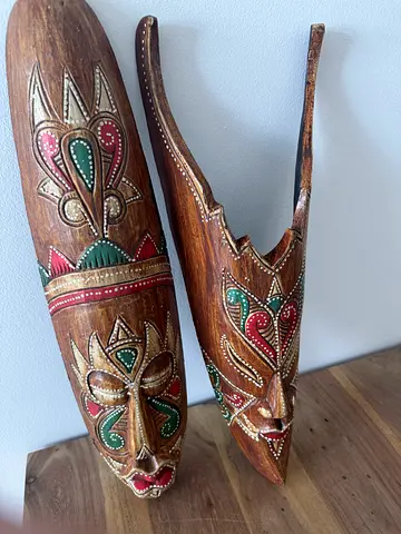 Hand-Carved Decorative Wooden mask Pair with Painted Floral Motifs