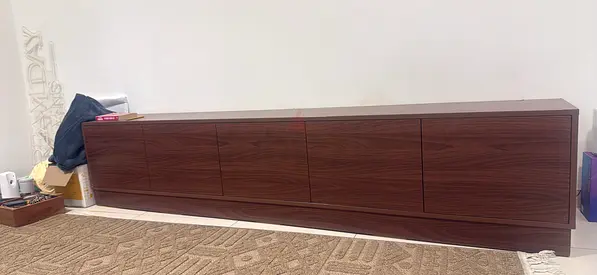 Long Wall-Mounted Wooden TV Cabinet / Sideboard - Walnut Finish with push release drawers