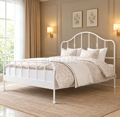 White Metal king size Bed Frame with Decorative Headboard