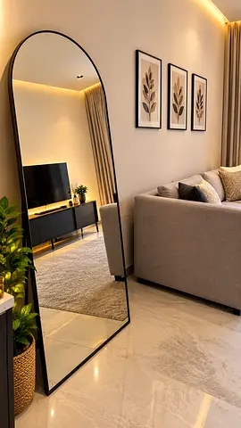 Full-Length Arched Floor Mirror with Slim Black Frame