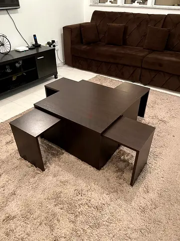 Dark wood nesting coffee table set with stools - good condition