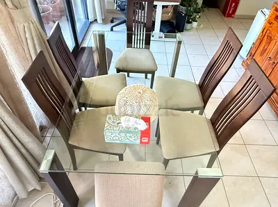 Glass Top Dining Table with 6 Wooden Chairs - Good Condition
