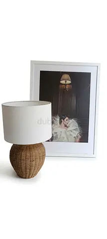 Woven Rattan Table Lamp with White Drum Shade (Good Condition)