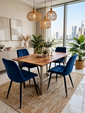 Solid Wood Dining Table with 4 Blue Velvet Chairs - Modern Set