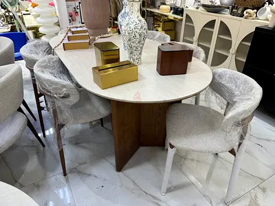 Modern Oval Dining Table with 6 Upholstered Chairs - Light Wood Finish