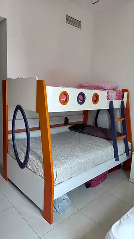 Used kids bunk bed with twin over full design - with New mattress