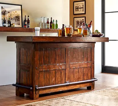 Pottery Barn Solid Rustic Wooden Home Bar / Kitchen Island with Footrail