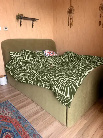 Upholstered Green Double Bed with hydraulic Storage Base size 180 x 200