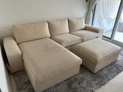 Large Beige L-Shaped Sofa with Chaise & Ottoman