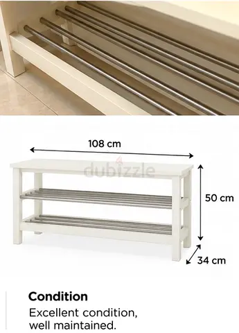 White wooden shoe bench with stainless steel racks - 108cm, excellent condition