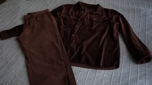 Brown ribbed two-piece set — long sleeve shirt and matching trousers, soft