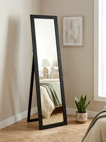 Full-Length Standing Floor Mirror with Black Textured Frame (Easel Back Stand)