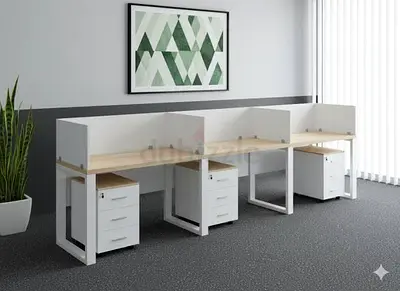 3-Person Office Workstation Desk with Storage Pedestals - White & Oak Finish