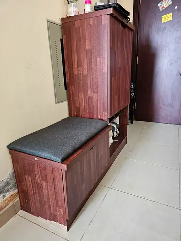 Wooden entryway shoe cabinet with cushioned bench - compact and sturdy