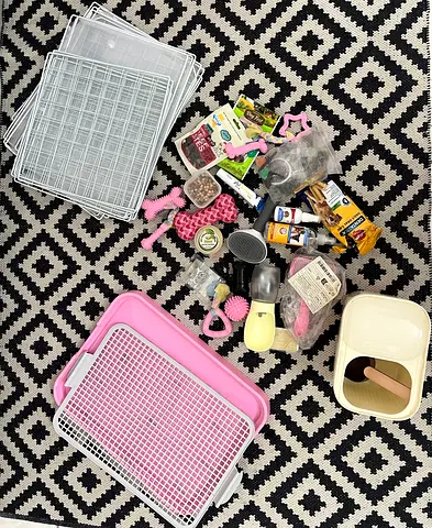 Dog essentials Cage, potty tray, toys, treats and more