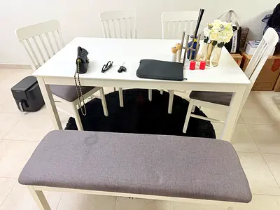 White Dining Table with 4 Chairs and Padded Bench - Good Condition