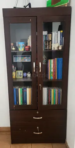 Used Dark Brown Wooden Bookcase with Glass Doors and Two Drawers - Good Condition