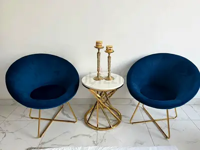 Pair of Blue Velvet Accent Chairs with Marble Top Coffee Table